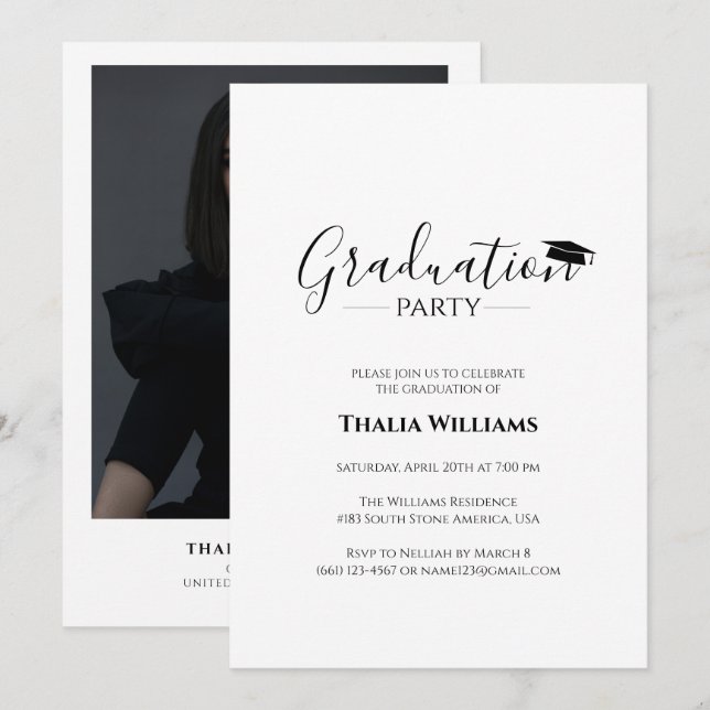 Invitation Fête de Graduation Simple Noir et Blanc (Devant / Derrière)