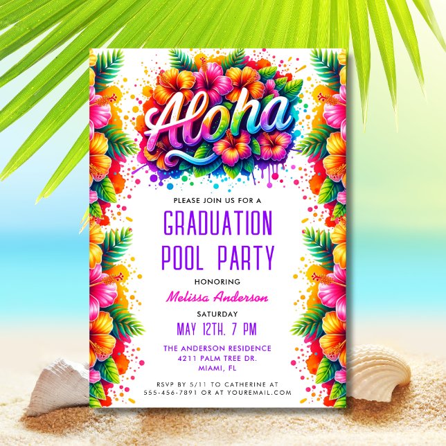 Invitation Fête de graduation Tropical Aloha au bord de la pi (Créateur téléchargé)