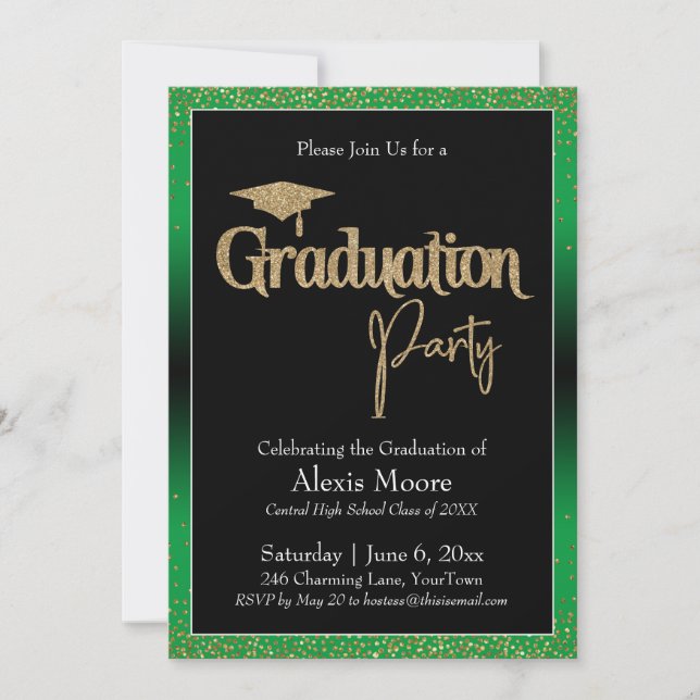Invitation Fête de graduation vert brillant Ombre Confetti (Devant)