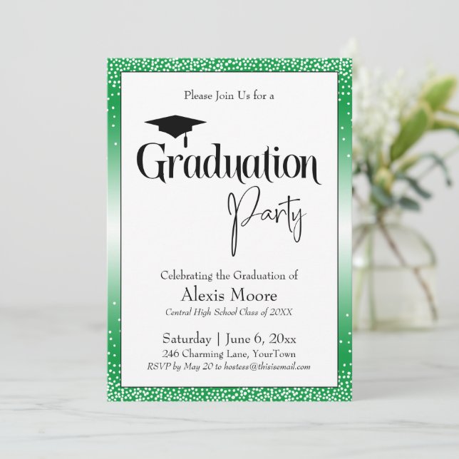 Invitation Fête de graduation vert brillant Ombre Confetti (Debout devant)