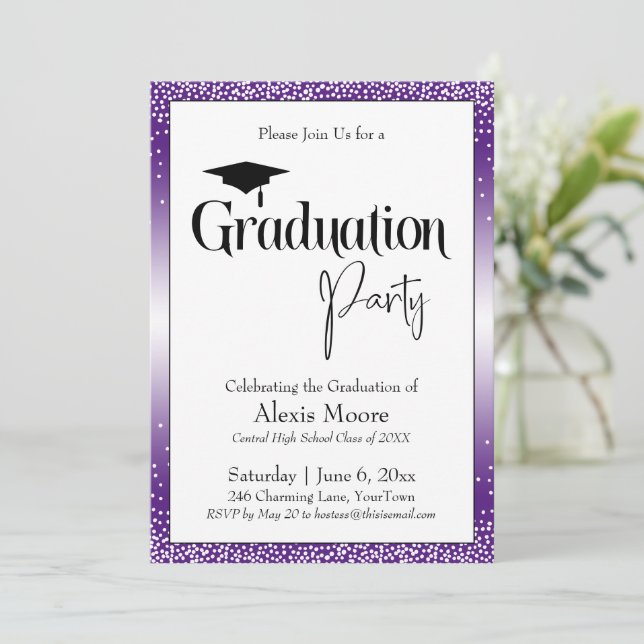 Invitation Fête de graduation violet brillant Ombre Confetti (Debout devant)