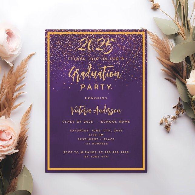 Invitation Fête de graduation violet or confetti luxe (Créateur téléchargé)