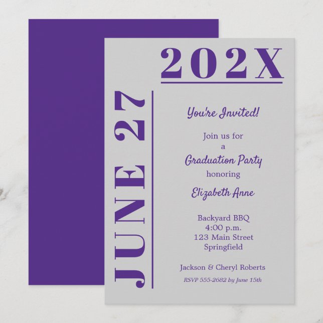 Invitation Fête de graduation violette et gris (Devant / Derrière)