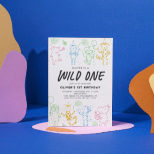 Invitation Fête de gribouillis Animaux 1er anniversaire