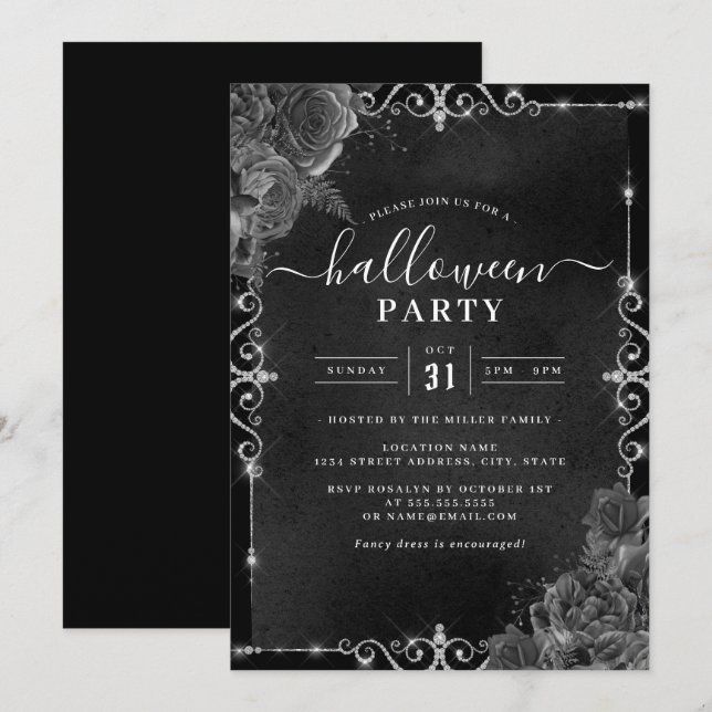 Invitation Fête de Halloween Bijou Floral Épuré Sombre  (Devant / Derrière)