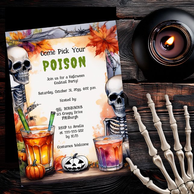 Invitation Fête de Halloween Cocktail de Poison squelette Vin (Vintage skeleton poison cocktail Halloween party invitation)