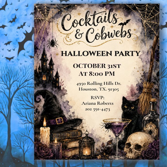 Invitation Fête de Halloween Cocktails & Toiles d'araignées C (Créateur téléchargé)