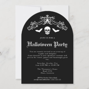 Invitation Fête de Halloween gothique crâne et chauves-souris