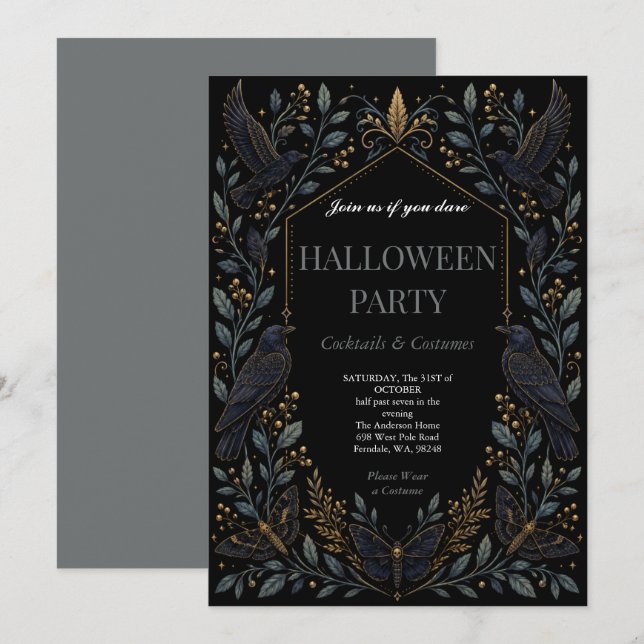 Invitation Fête de Halloween gothique Dark Raven  (Devant / Derrière)
