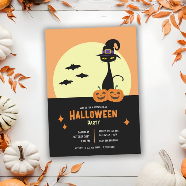 Invitation Fête de Halloween personnalisée avec chat noir rét (Créateur téléchargé)