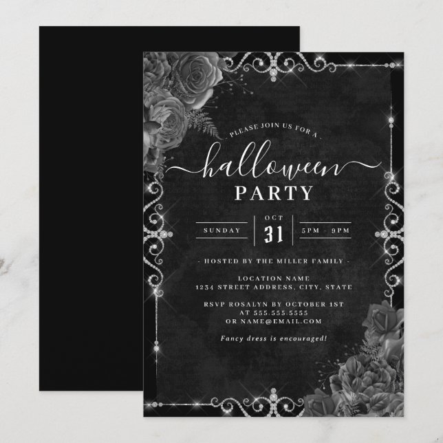 Invitation Fête de Halloween Rose Florale Épouvantable Sombre (Devant / Derrière)