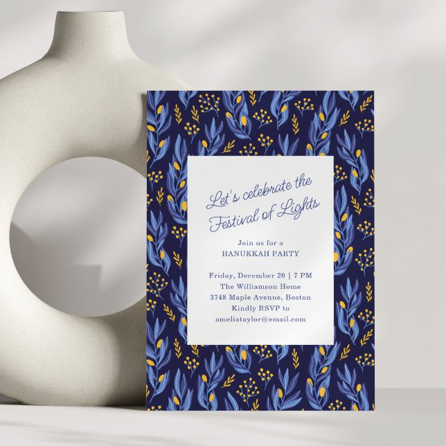 Invitation Fête de Hanoucca Famille Botanique Bleue Moderne (Créateur téléchargé)