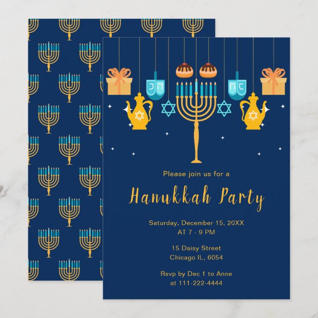 Invitation Fête de Hanouka avec menorah (Devant / Derrière)