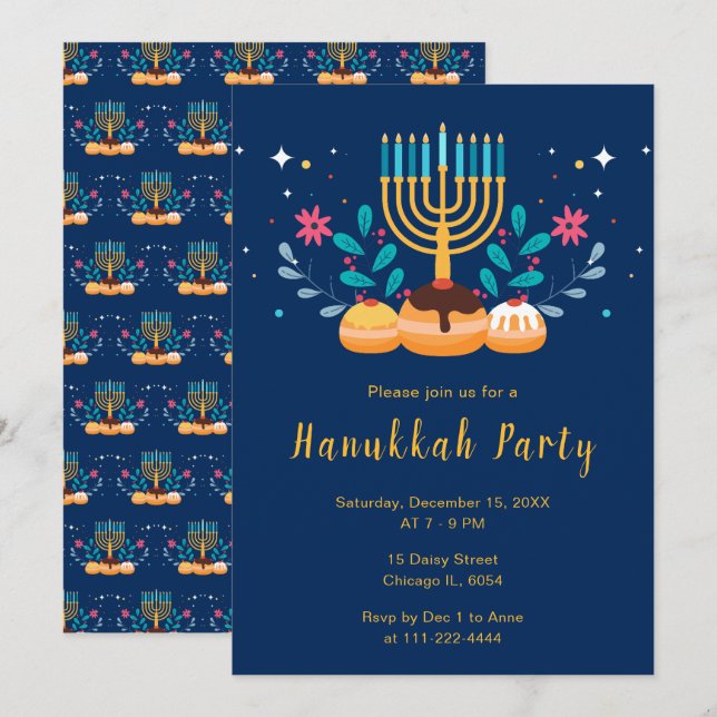 Invitation Fête de Hanouka avec menorah (Devant / Derrière)