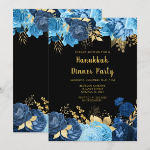 Invitation Fête de Hanukkah aux fleurs bleues et or élégantes
