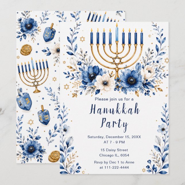 Invitation Fête de Hanukkah bleu et or (Devant / Derrière)