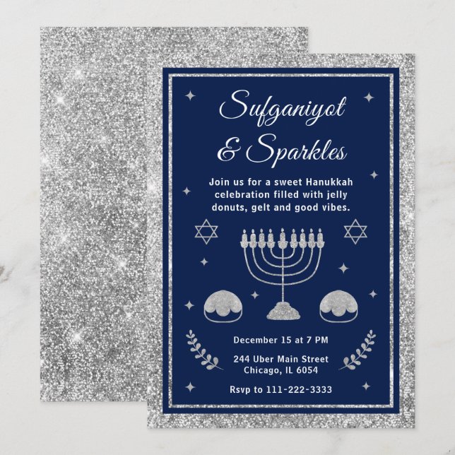 Invitation Fête de Hanukkah Sufganiyot & Étincelles (Devant / Derrière)
