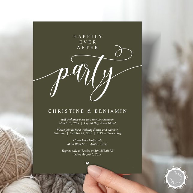 Invitation Fête de "Heureux jusqu'à la fin des temps", scénar (Happily Ever After Dinner Party, Modern Script Wedding Reception Invitation Card, PDF, Olive Green)