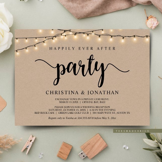 Invitation Fête de « Heureux pour toujours », Fuite amoureuse (Happily Ever After Elopement Party, Cottage String Lights Brown Kraft, Post Wedding Invites Cards.)