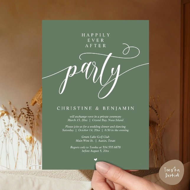 Invitation Fête de "Heureux pour toujours", Scénario Moderne (Happily Ever After Dinner Party, Modern Script Wedding Reception Invitation Card, PDF, Sage Green)