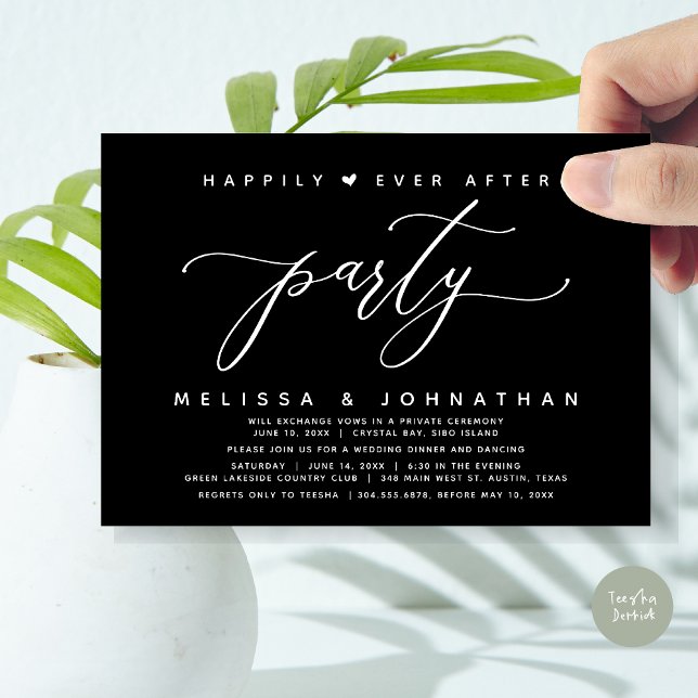 Invitation Fête de "Ils vécurent heureux", Dîner de mariage n (Modern Romantic Wedding Elopement Happily Ever After Dinner Party Invitation Card, PDF, Classy Black)