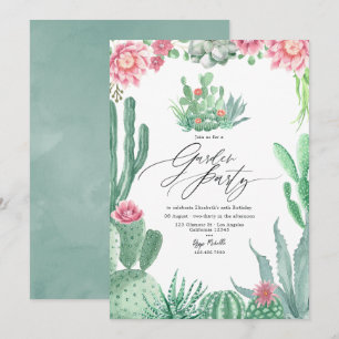 Invitation Fête de Jardin au Cactus Élégant et aux Fleurs Ros