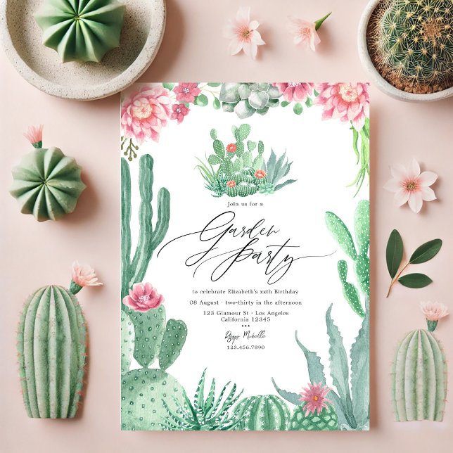 Invitation Fête de Jardin au Cactus Élégant et aux Fleurs Ros (Elegant Cactus and Pink Blooms Garden Party Invitation)