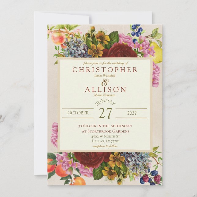 Invitation Fête de Jardin Botanique Fleurs & Fruits Mariage (Devant)