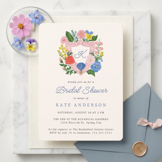 Invitation Fête de Jardin Couronne Florale Moderne Enterremen (Customizable garden or summer bridal shower invitation template with monogram in a floral crest)
