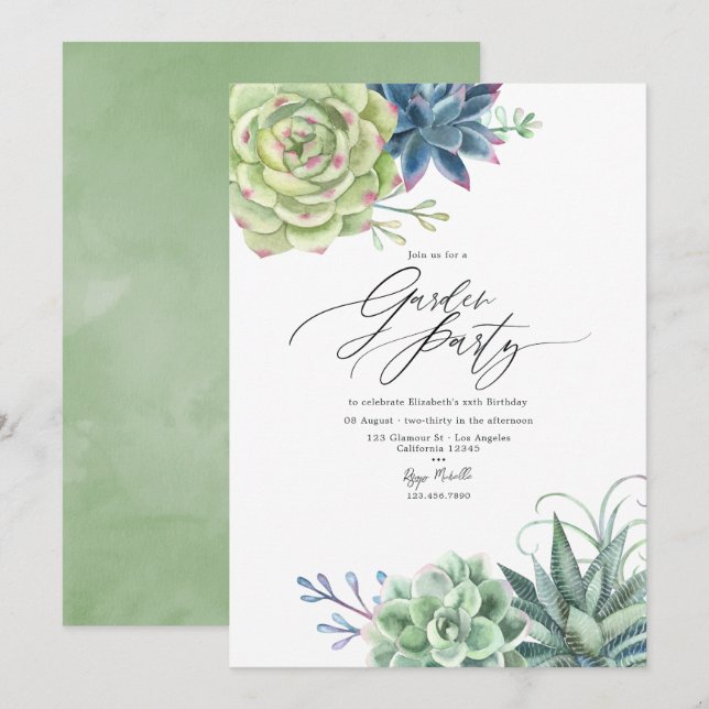 Invitation Fête de Jardin de Verdure Moderne de Plantes Succu (Devant / Derrière)