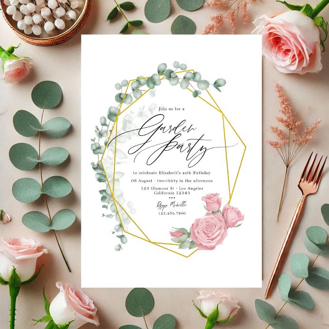 Invitation Fête de Jardin Élégant Eucalyptus et Roses Roses (Elegant Eucalyptus and Pink Roses Garden Party Invitation)