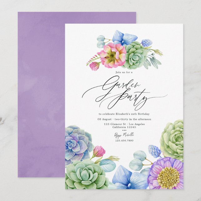 Invitation Fête de Jardin Élégante aux Succulentes Pastel (Devant / Derrière)