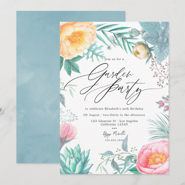 Invitation Fête de jardin estivale florale pastel démodée tro (Devant / Derrière)
