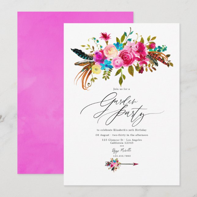 Invitation Fête de jardin florale bohème rose chaud (Devant / Derrière)