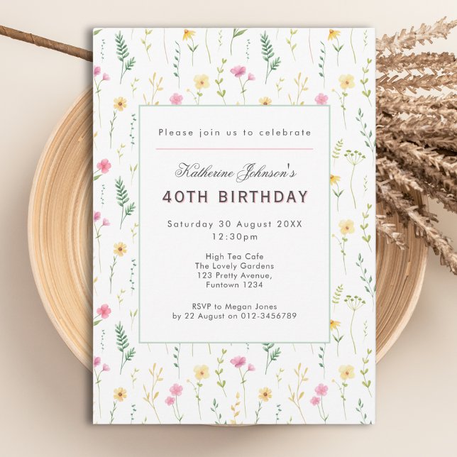 Invitation Fête de jardin pour 40 ans avec thé élégant (Créateur téléchargé)