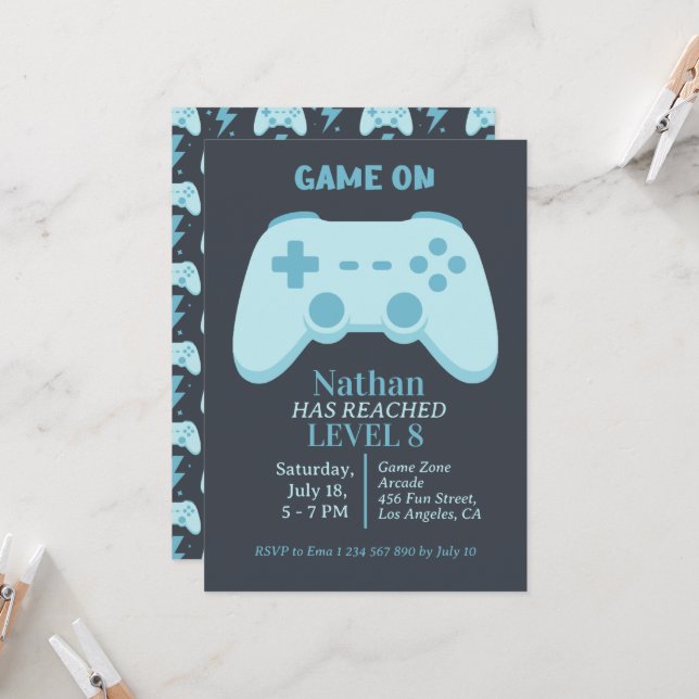 Invitation Fête de jeu vidéo Niveau supérieur jeu vidéo 8e an (Devant/Arrière en situation)