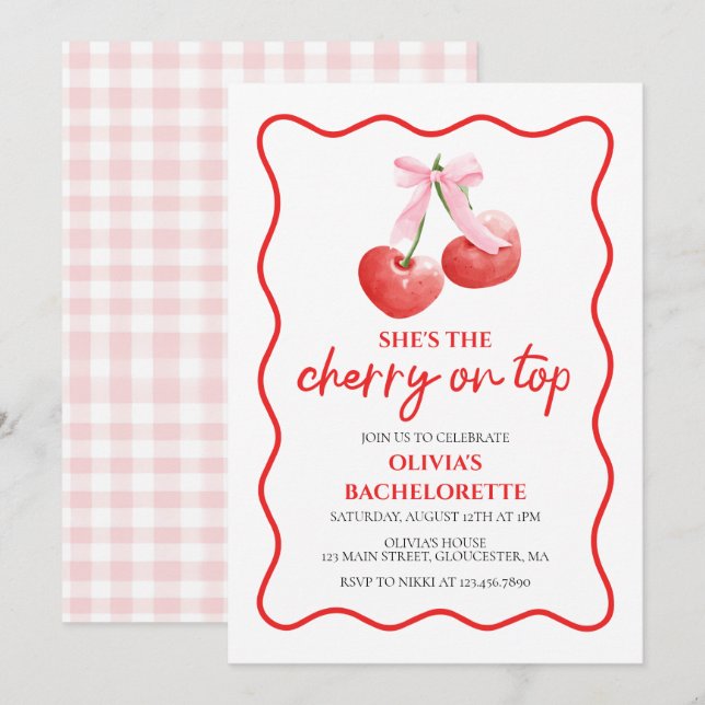 Invitation Fête de jeune fille coquette avec Cerise sur le Gâ (Devant / Derrière)