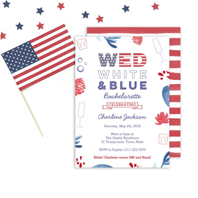 Invitation Fête de jeune fille WED Rouge Blanc et Bleu Enterr (Wed White And Blue Bachelorette Party Invitation )