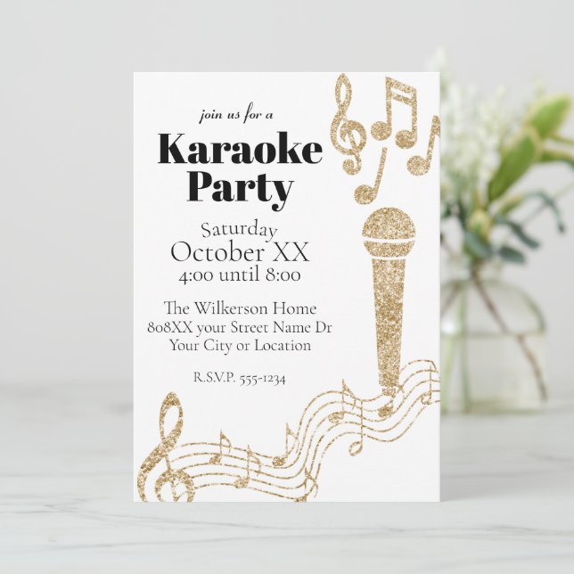 Invitation Fête de Karaoke Notes de Musique Paillettes Dorées (Debout devant)