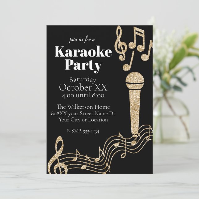 Invitation Fête de Karaoke Or Paillettes Notes de Musique sur (Debout devant)
