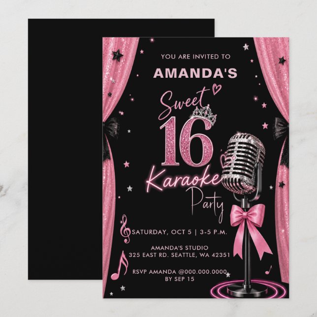 Invitation Fête de karaoke pour les 16 ans Glam Pink (Devant / Derrière)