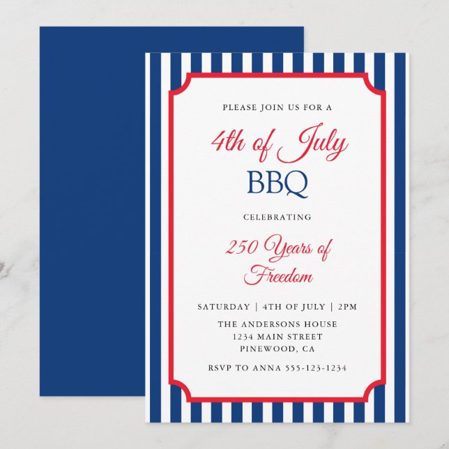 Invitation Fête de la BBQ du 4 juillet aux rayures classiques (Devant / Derrière)