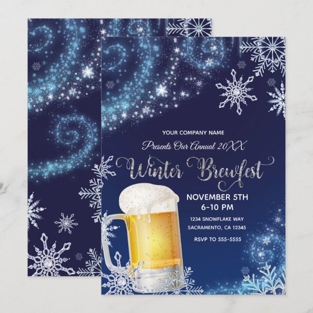 Invitation Fête de la bière d'hiver Wonderland Bleu Blanc (Devant / Derrière)