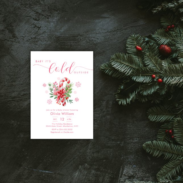 Invitation Fête de la Canne à Sucre de Noël Bébé Hiver  (Winter Snowflake Festive Candy Cane Baby Shower Invitation)