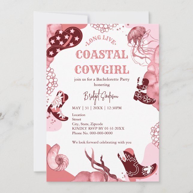 Invitation fête de la cowgirl côtière rose (Devant)