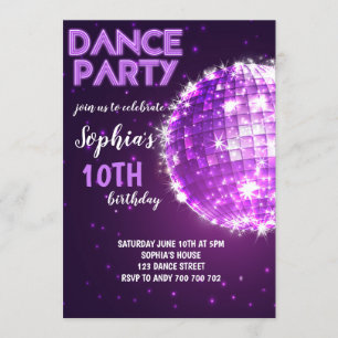 Invitation Fête de la danse Purple Disco Girl Anniversaire