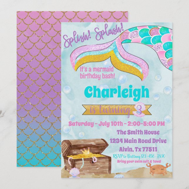 Invitation Fête de la fête d'anniversaire de la sirène (Devant / Derrière)