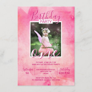 Invitation Fête de la fille rose Aquarelle 1re ANNÉE