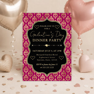 Invitation Fête de la Galentine avec cœur en damas rose et or