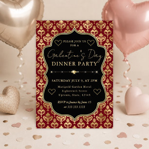 Invitation Fête de la Galentine en damassé rouge et or